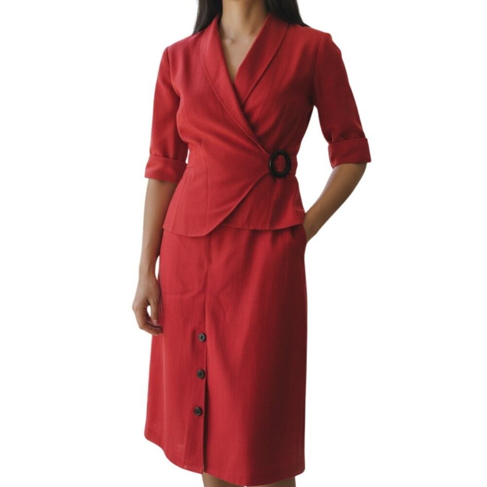 Vintage Red Linen Blazer Skirt Set Womens Sz XS 80s Old Money Femme Fatale